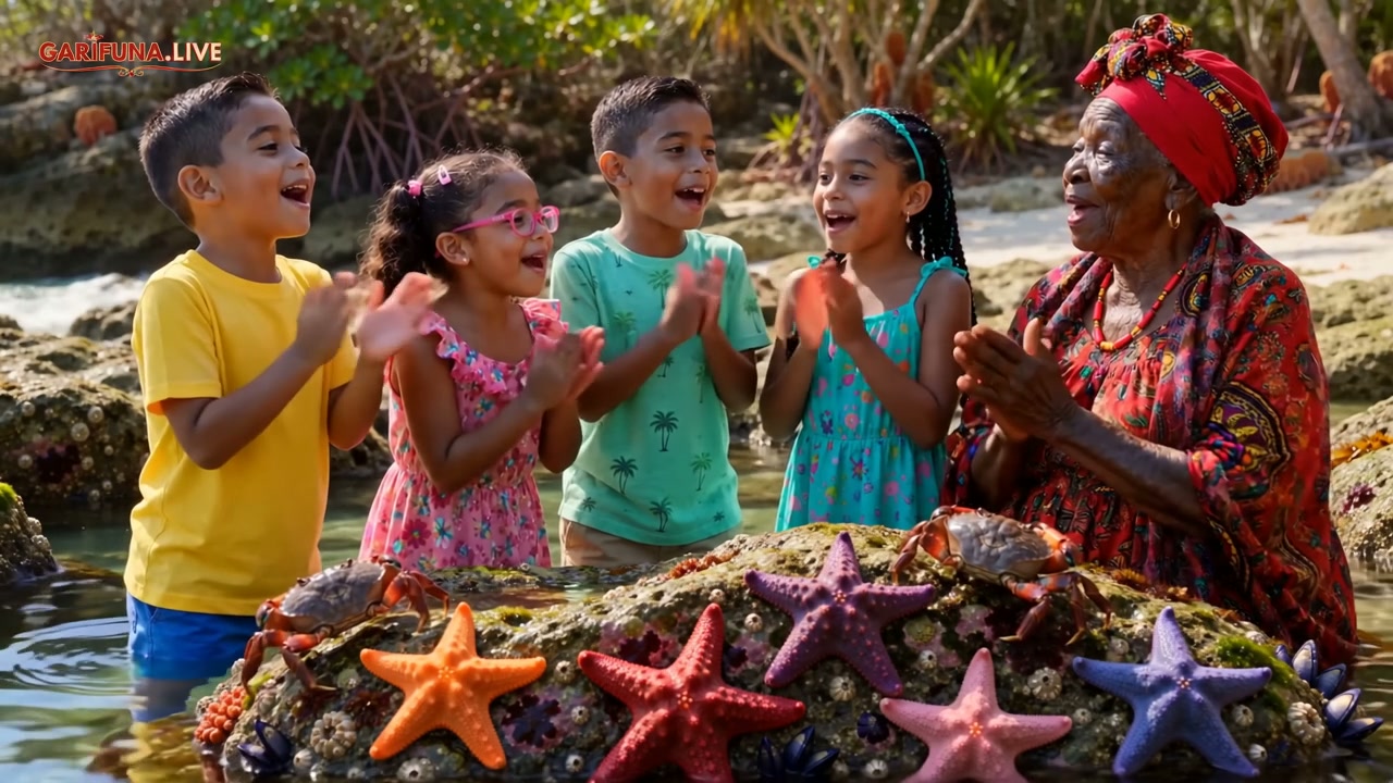 Children and an elder learning with starfish