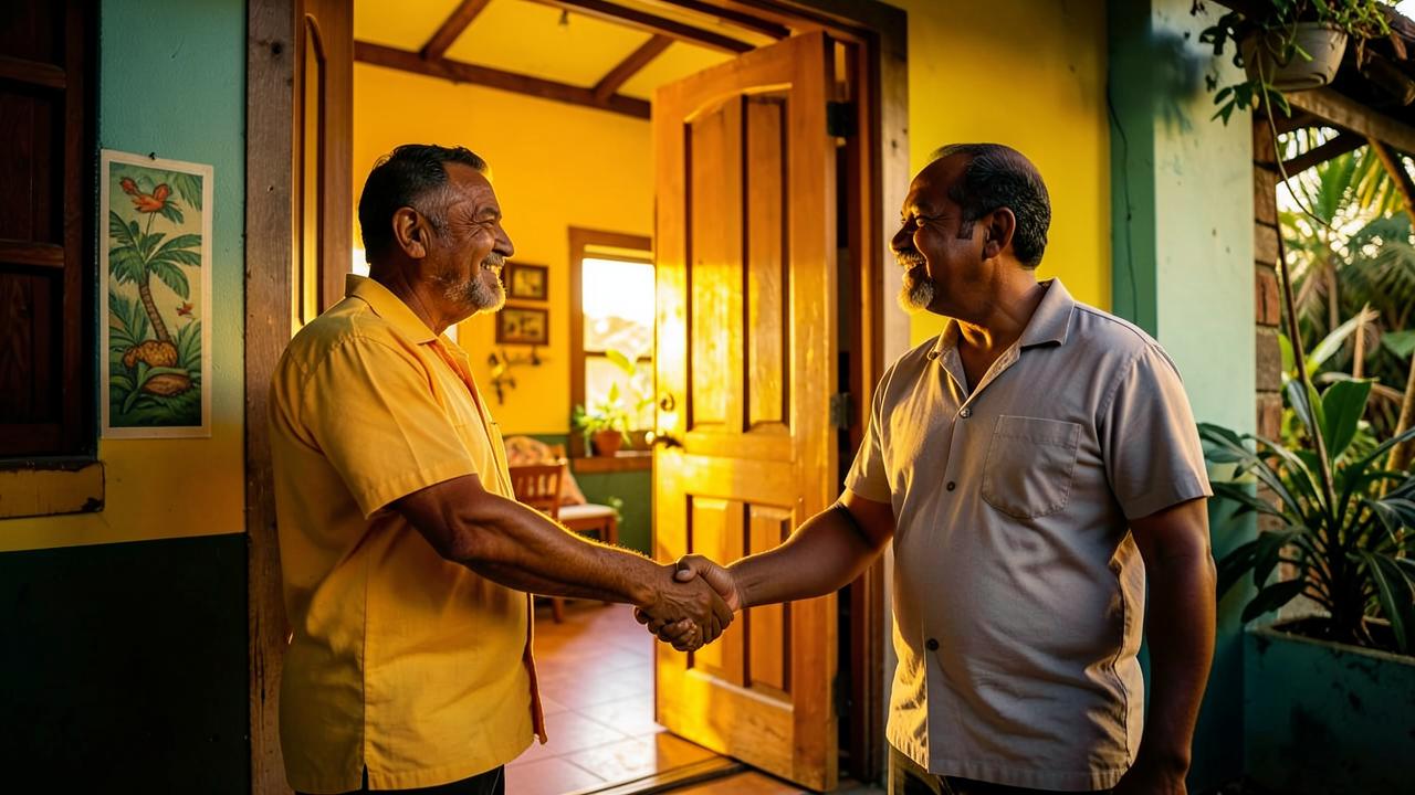 Two men shaking hands in the doorway of a colourful Caribbean home