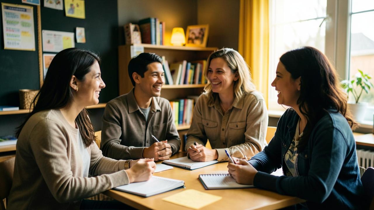 Adult learners talking together around a table in a bright classroom