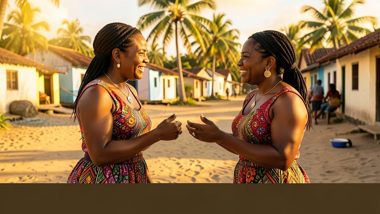 Two Garifuna women greeting each other in a coastal village at sunrise