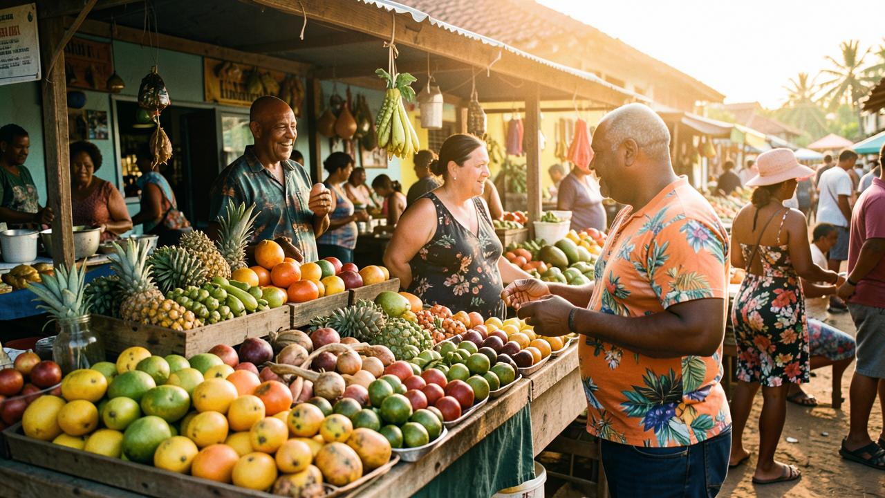 A vendor and a customer talking at an open-air Caribbean fruit market