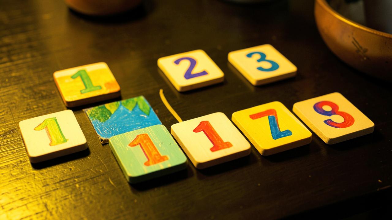 Hand-painted wooden number tiles laid out on a dark table