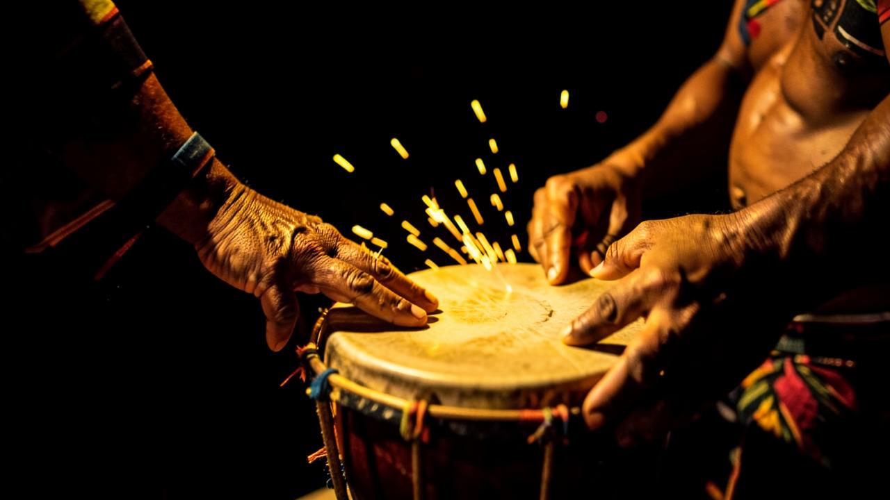 Hands playing a traditional Garifuna drum lit by warm light